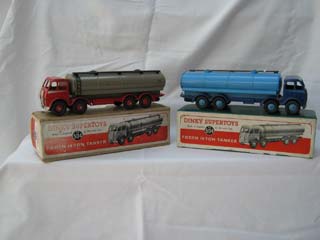 Dinky Super Toys 504 Foden 14-Ton Tanker 1st Type Cab, Red Cab and Chassis, Silver Flash, Fawn Body and Dinky Super Toys 504 Foden 14-Ton Tanker 1st Type Cab, Blue Cab and Chassis, Blue Flash, Light Blue Body