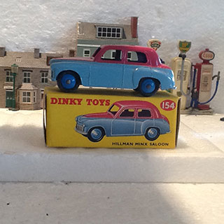 Dinky Toys 154 Hillman Minx Saloon, Pale Blue Lower Body and Hubs, Cerise Upper Body