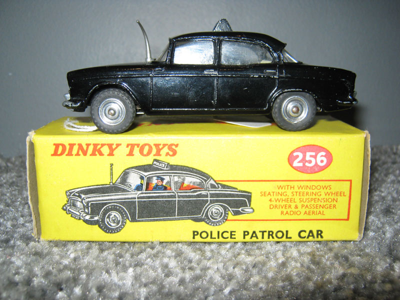 Dinky Toys 256 Humber Hawk Patrol Car, Black Body, Cream Interior White Police Sign on Roof PC 49 Licence Plates, Driver & Observer, Spun Hubs