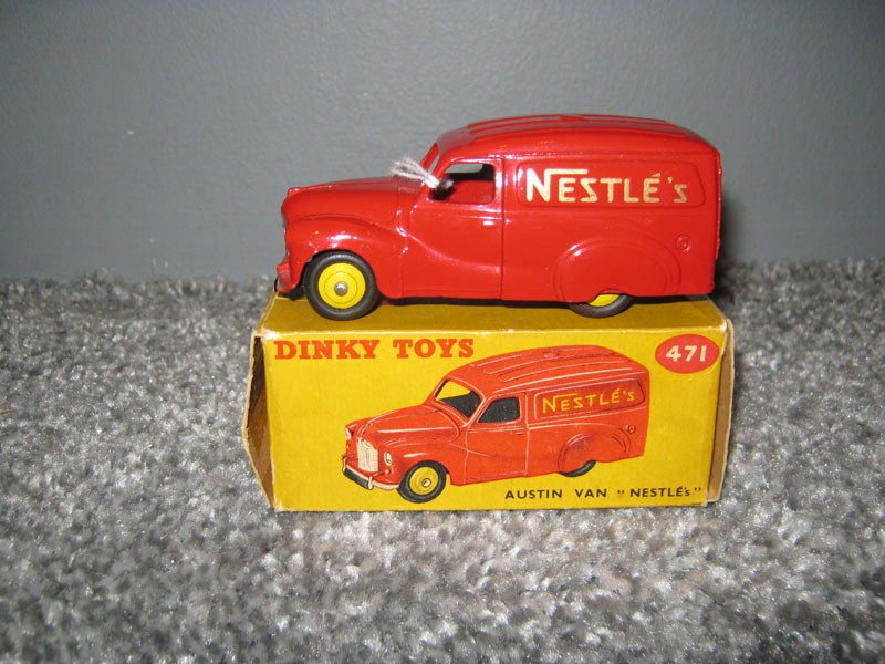 Dinky Toys 471 Austin A40 Van Nestles Dark Red Body, Yellow Hubs