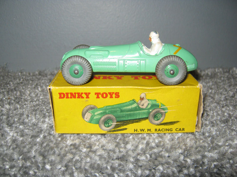 Dinky Toys 235 H.W.M. Racing Car, Pale Green Body Yellow R/N 7, Green Cast Hubs