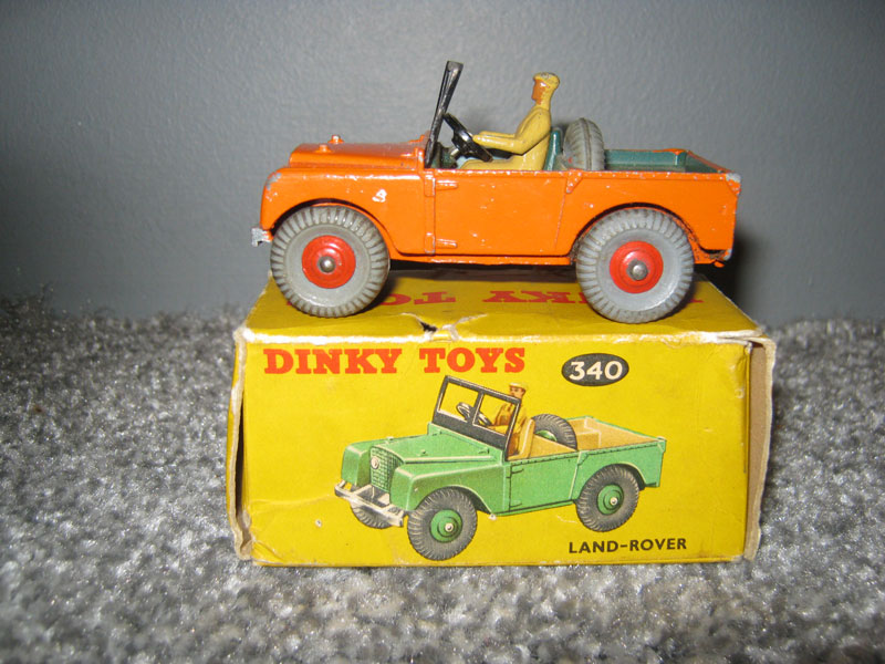 Dinky Toys 340 Land Rover, Orange Body, Dark Green Interior, Tan Cast Driver, Red Hubs