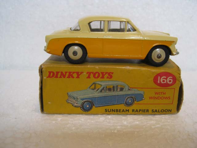 Dinky Toys 166 Sunbeam Rapier Saloon Yellow Lower Body, Deep Cream Upper Body, Beige Hubs